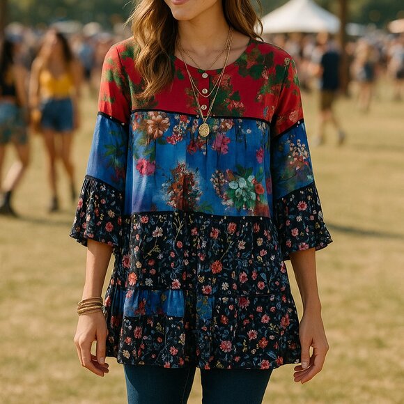 Calessa Women’s Boho Floral Tunic Top Medium Multicolor Rayon 3/4 Sleeve - Picture 1 of 9